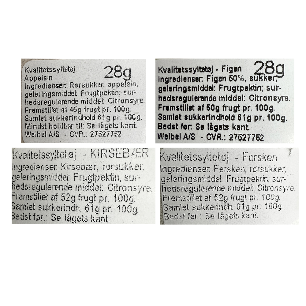 Varedeklarationer og ingredienslister for Weibel minisyltetøj med appelsin, figen, kirsebær og fersken.