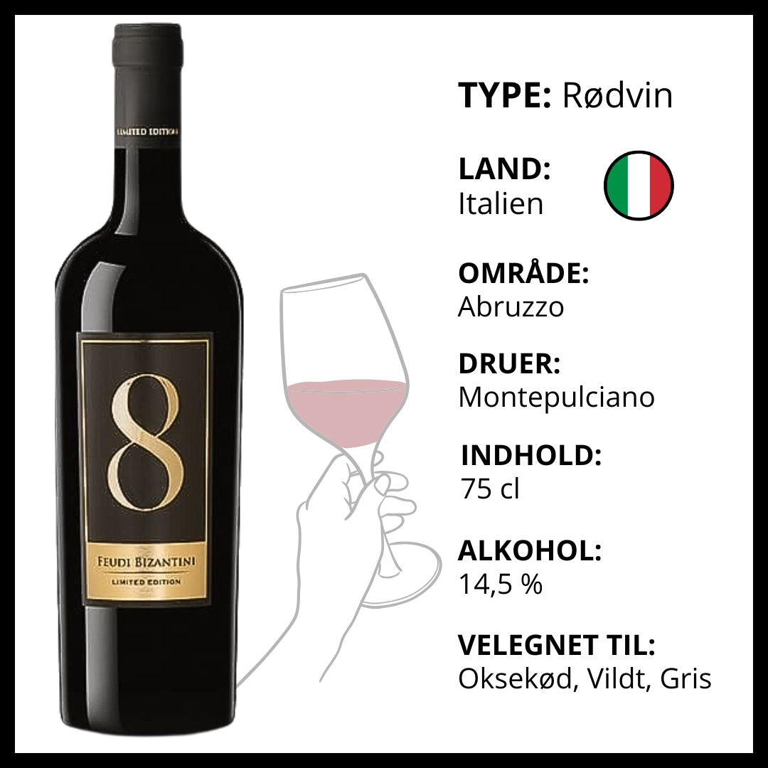 Italiensk rødvin fra Feudi Bizantini lavet på Montepulciano druer fra Abruzzo området.