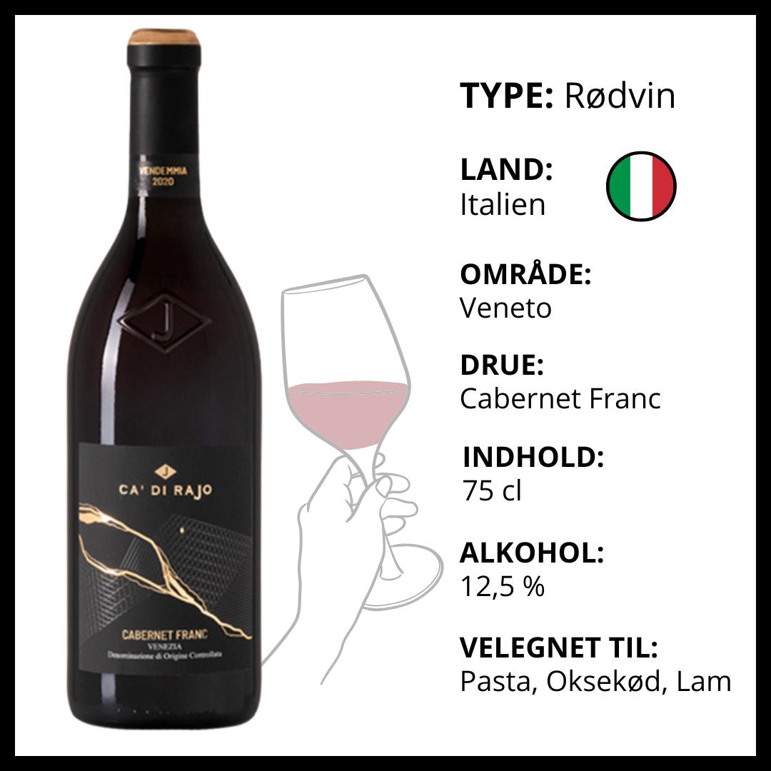 Italiensk Ca Di Rajo Cabernet Franc rødvin fra Veneto med produktinformation og serveringsforslag.