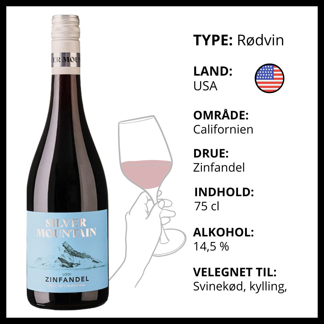 Silver Mountain Zinfandel rødvin fra Californien, USA, velegnet til svinekød og kylling.
