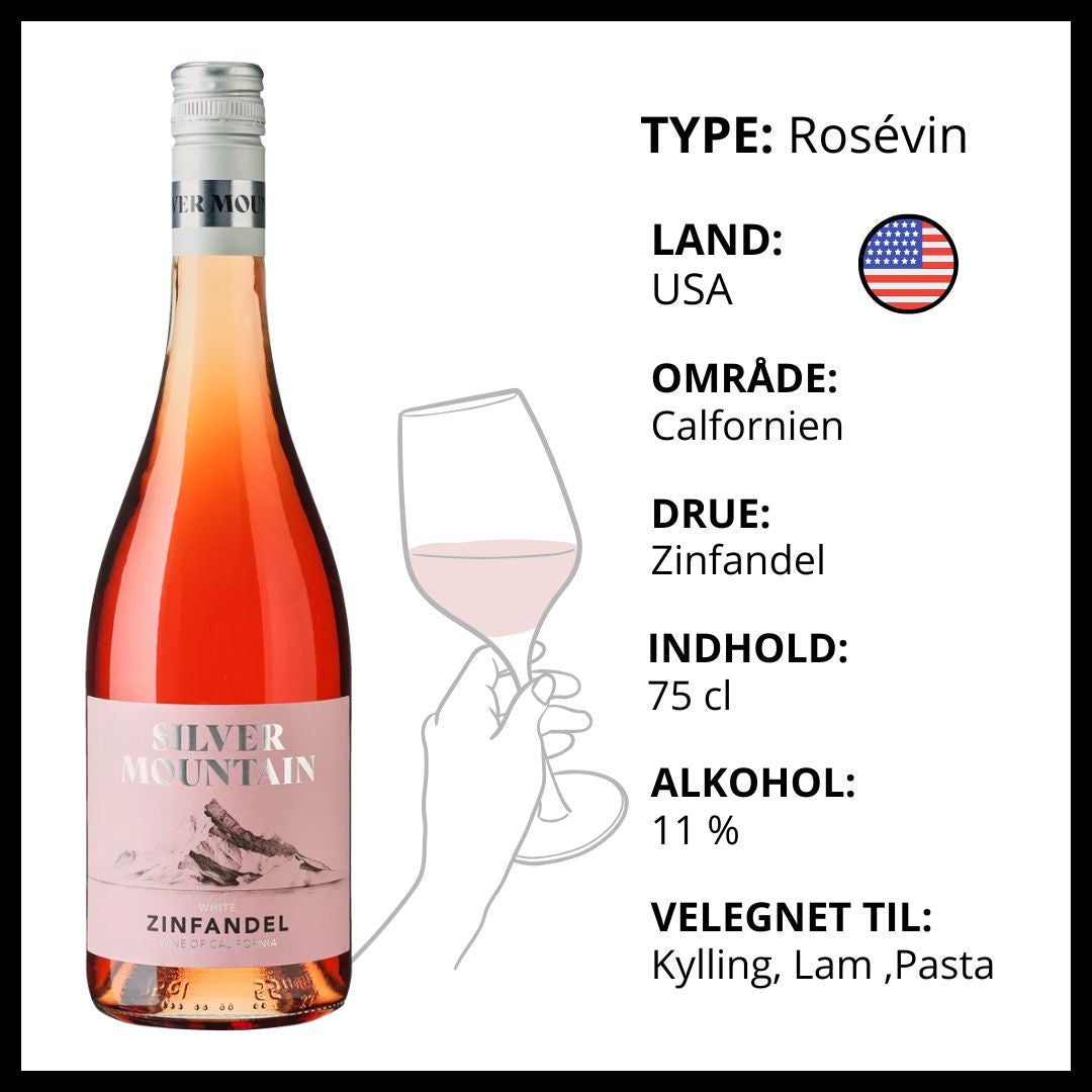 Silver Mountain White Zinfandel rosévin fra Californien, USA med information om drue og madparring.