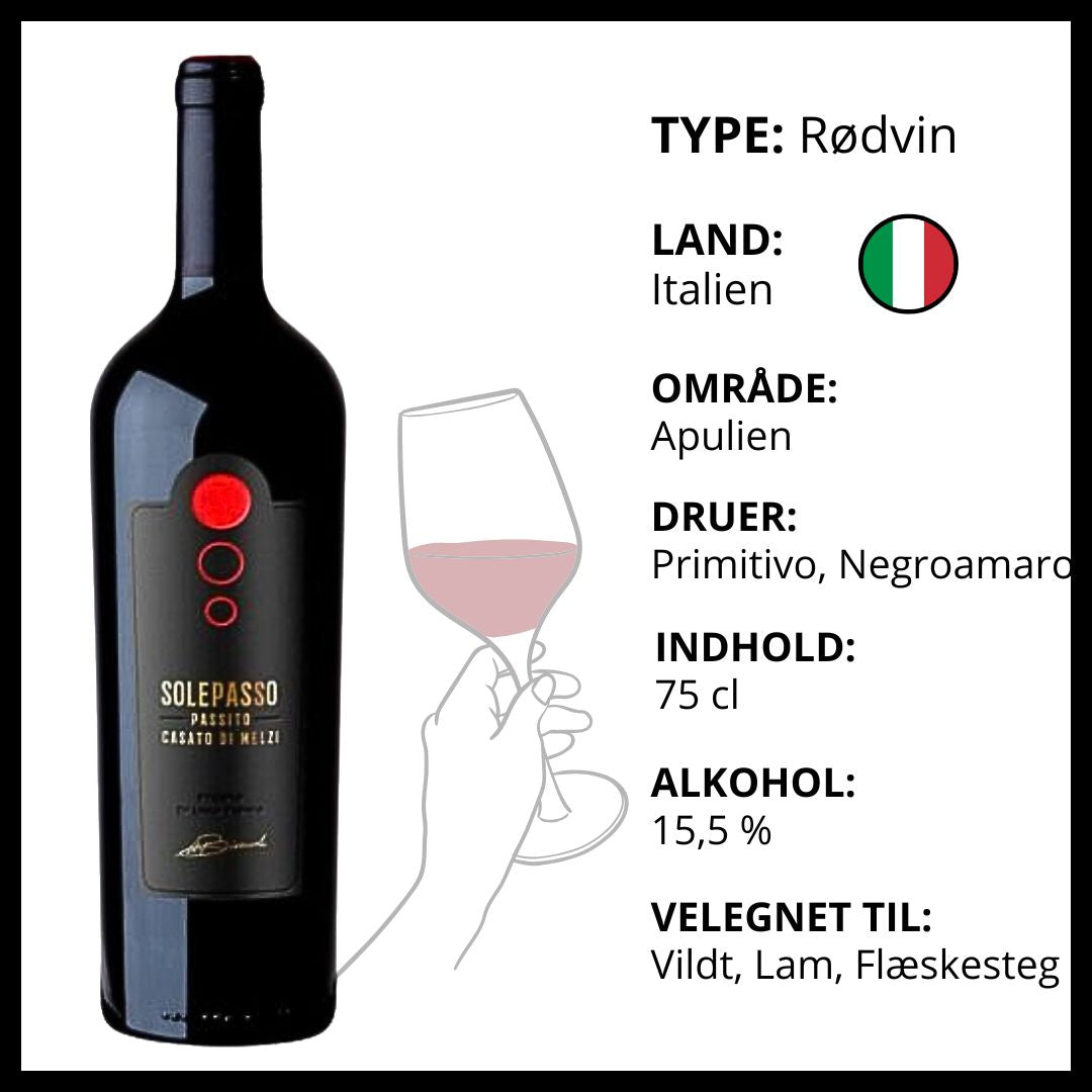 Italiensk Solepasso rødvin fra Apulien med Primitivo og Negroamaro druer.