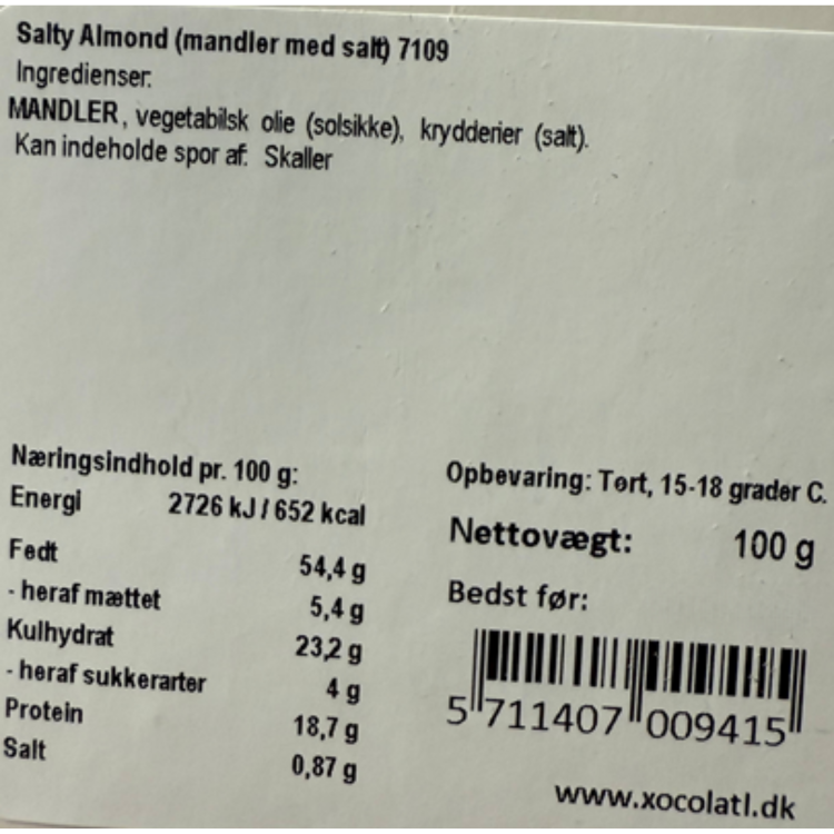Ingrediensliste og næringsindhold for Salty Almond mandler med salt fra Xocolatl.