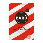 Barú Swirly Hot Chocolate vegansk kakaopulver portionspose med rød- og hvidstribet emballage.