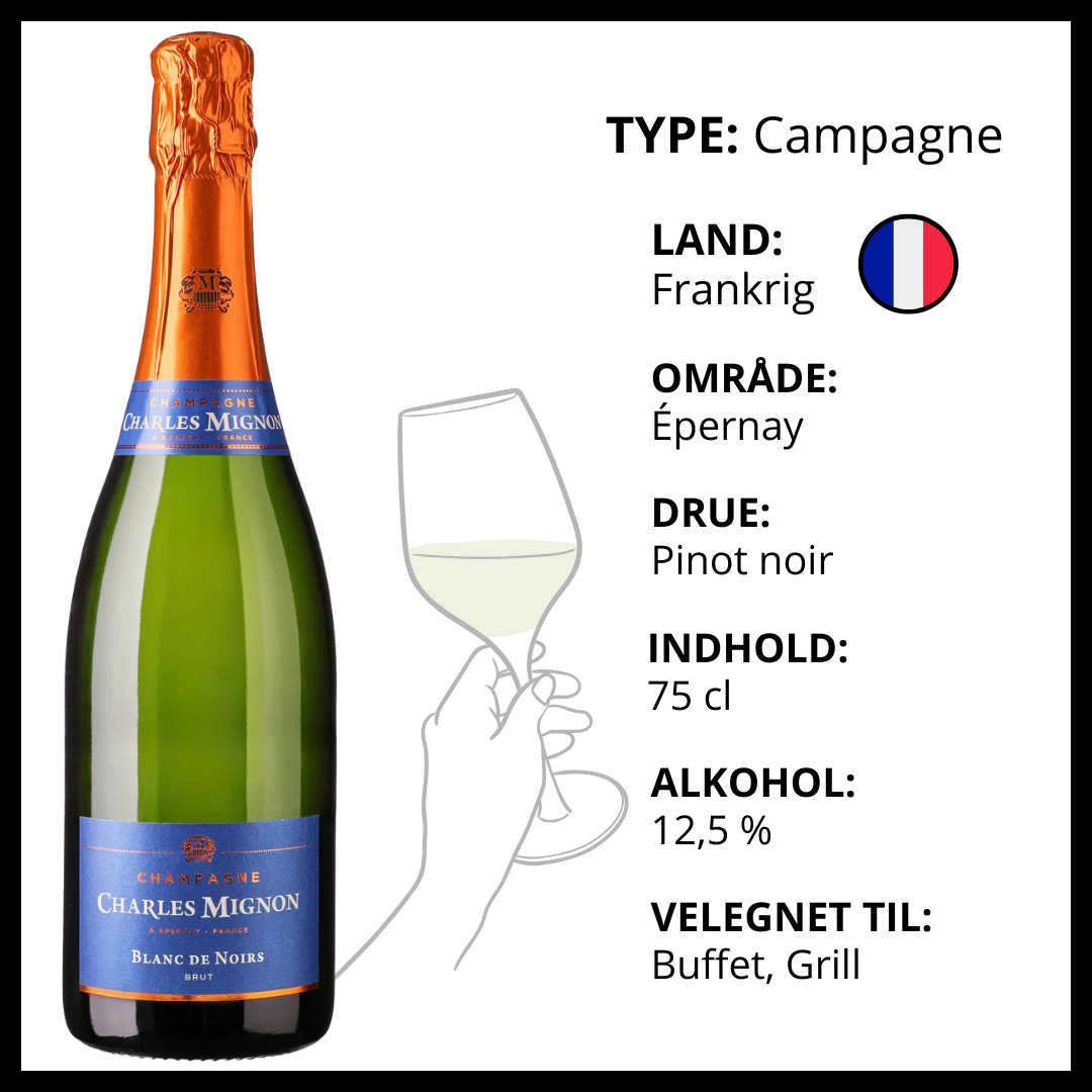 Charles Mignon Blanc de Noirs Champagne fra Épernay i Frankrig lavet på Pinot Noir drue.