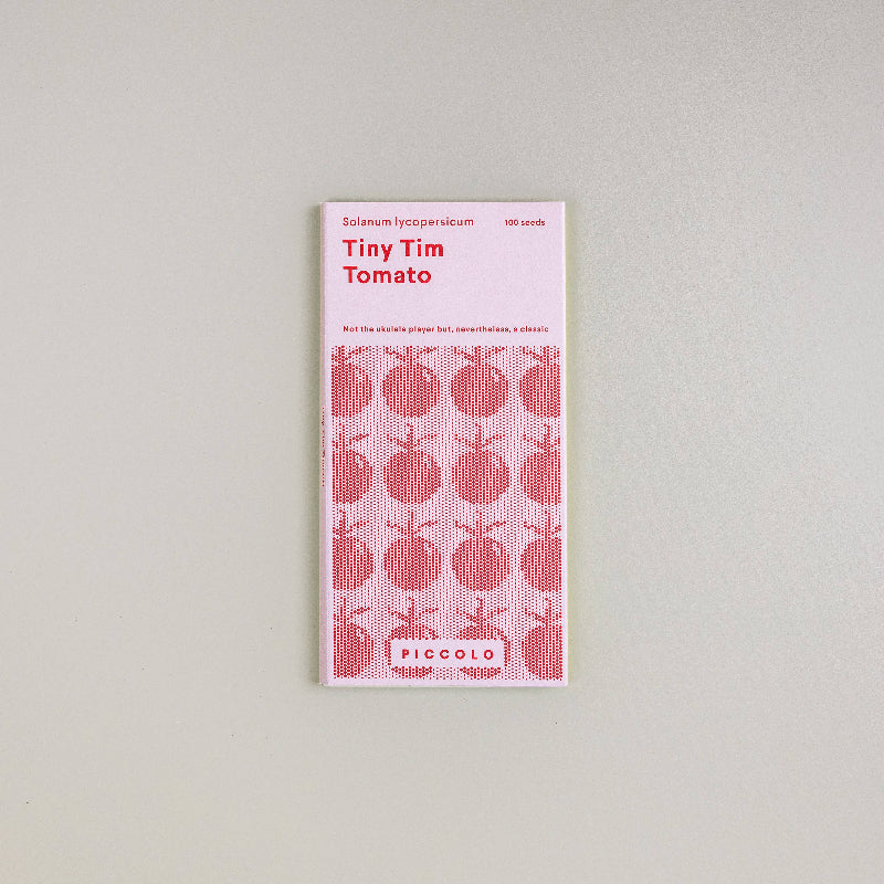 Frøpose med Tiny Tim cherrytomatfrø fra Piccolo Seeds – kompakt dværgsort med klaser af røde kirsebærtomater