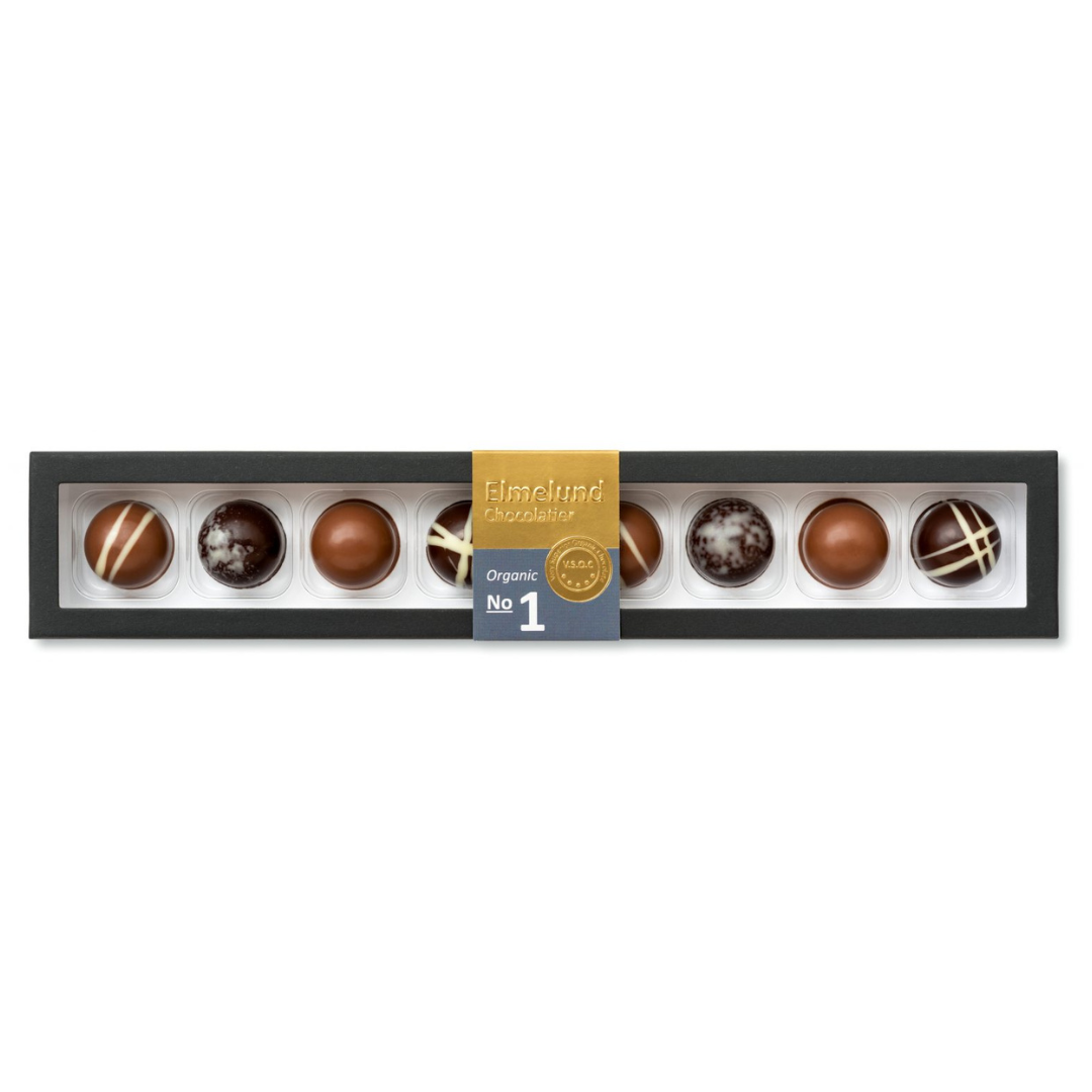 Luksus gaveæske fra Elmelund Chocolatier med ni økologiske fyldte chokolader.