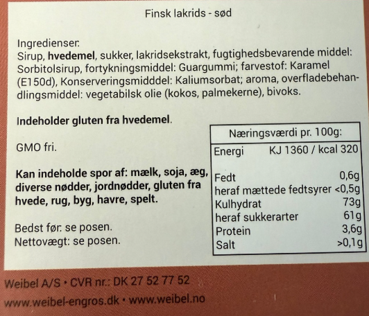 Ingrediensliste og næringsindhold for finsk sød lakrids fra Weibel A/S.