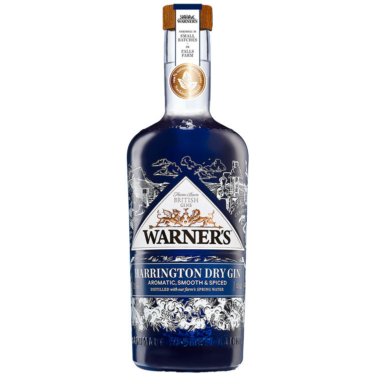 Warner's Harrington Dry Gin flaske, en aromatisk og krydret britisk gin destilleret på Falls Farm.