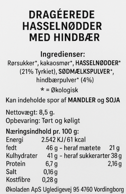 Ingrediensliste og næringsindhold for økologiske dragéerede hasselnødder med hindbær fra Økoladen.