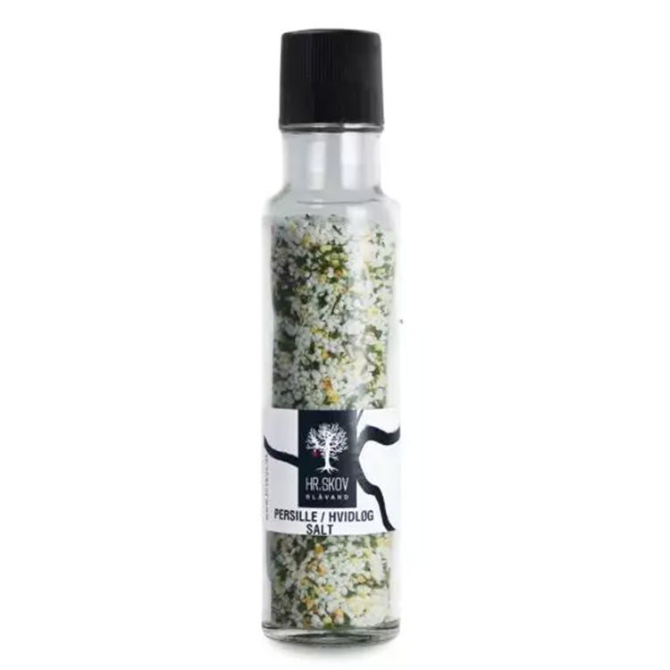 Hr. Skov kryddersalt med persille og hvidløg i en elegant glasflaske med sort låg.