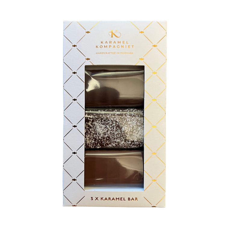 Elegant gaveæske med tre forskellige karamelbarer fra Karamel Kompagniet til gavekurve.