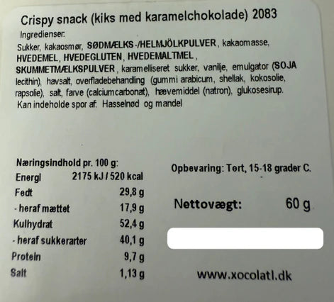 Ingrediensliste og næringsindhold for Crispy snack kiks med karamelchokolade fra Delikatessehuset.