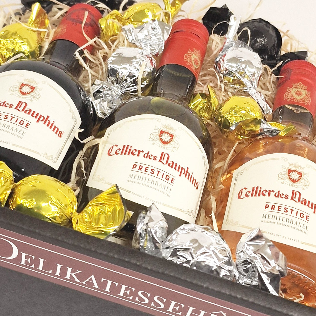 Gavekurv med Cellier des Dauphins vine og chokolade fra Delikatessehuset.
