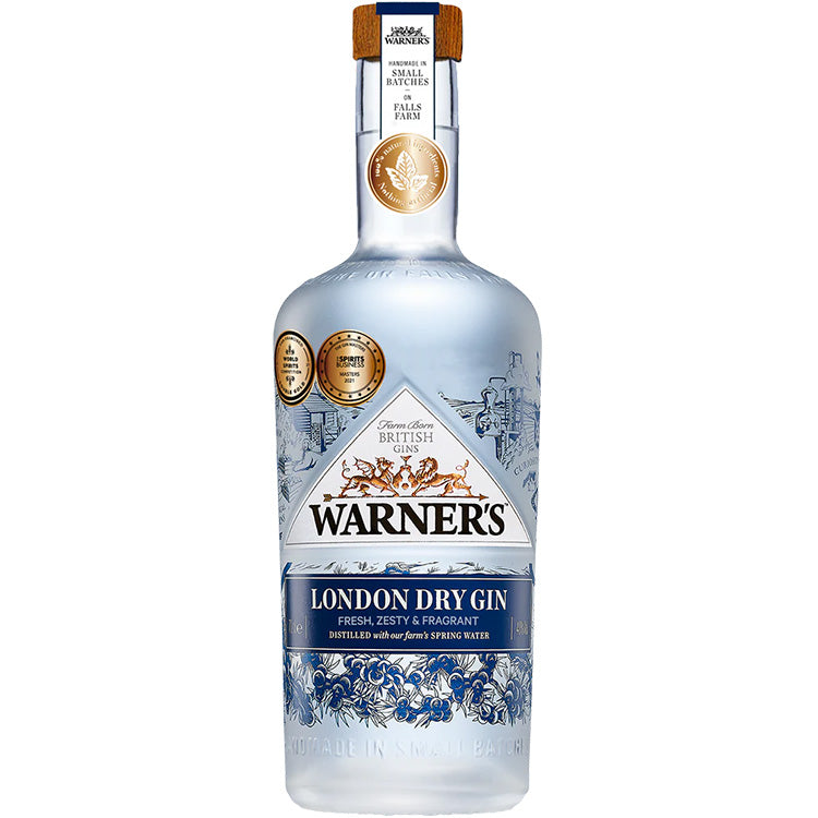 Warner's London Dry Gin flaske med blå detaljer, perfekt som klassisk enebærbaseret spiritus.
