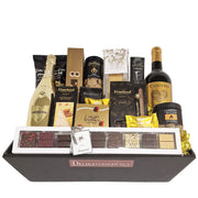 Stor eksklusiv gavekurv med Prosecco, vin, chokolade og lakrids fra Delikatessehuset.