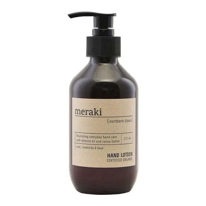 Meraki Northern Dawn certificeret økologisk håndlotion med mandelolie og kakaosmør, 275 ml flaske med pumpe.