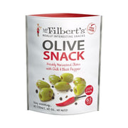 Mr. Filbert's Olive Snack med chili og sort peber, marineret og stenfri krydret snack.