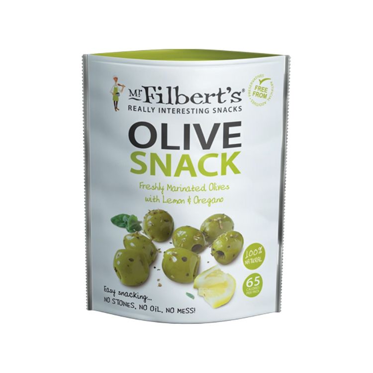 Mr. Filbert's Olive Snack med citron og oregano til krydrede delikatesser.