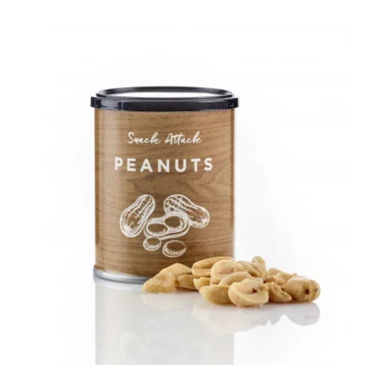 Dåse med Snack Attack Peanuts, saltet tilbehør til en kold specialøl som gave.