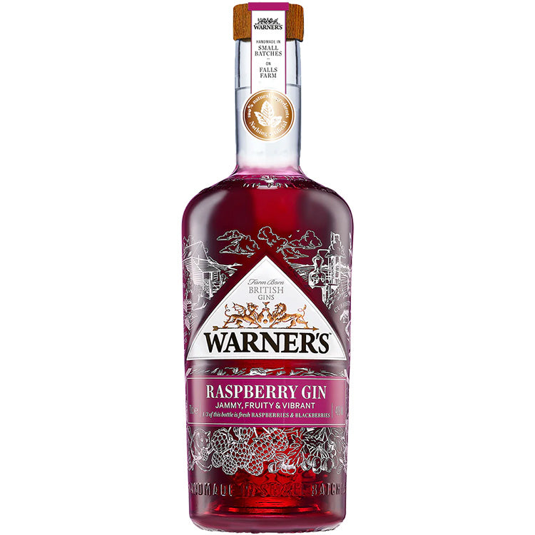 Flaske med Warner's Raspberry Gin, en håndlavet britisk hindbærgin fra Falls Farm.