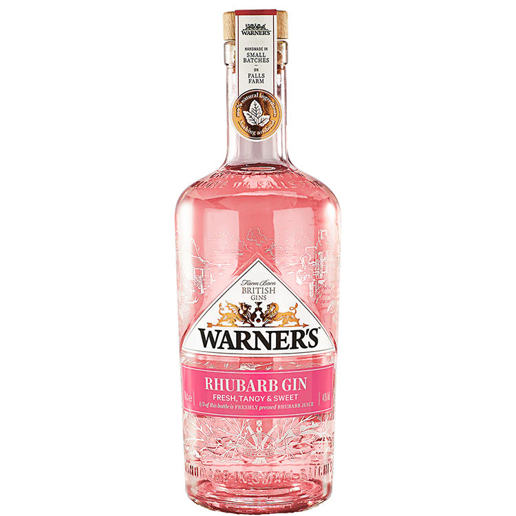 Flaske med Warner's Rhubarb Gin, en lyserød rabarber gin fremstillet med naturlige ingredienser.
