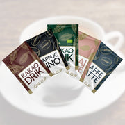 Udvalg af One Cup brevpakker med kakaodrik, cappuccino og caffe latte til adventskalender.