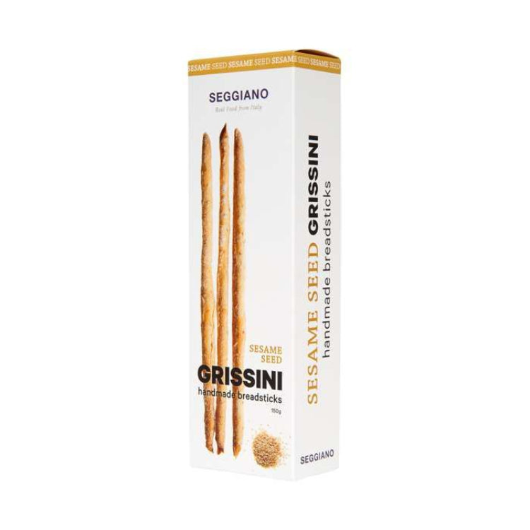 Seggiano håndlavede grissini breadsticks med sesamfrø i en hvid pakke.