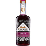 Warner's Sloe Gin flaske med rødlig likør og håndplukkede slåenbær.
