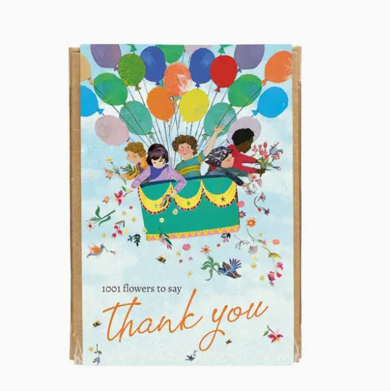 Et takkekort med teksten thank you og illustration af børn i en luftballon.