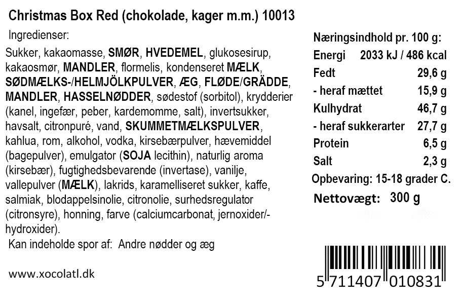 Varedeklaration for Christmas Box Red fra Xocolatl – ingredienser og næringsindhold