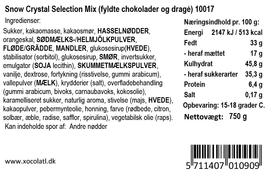 Varedeklaration for Snow Crystal Selection Mix fra Xocolatl – ingredienser og næringsindhold