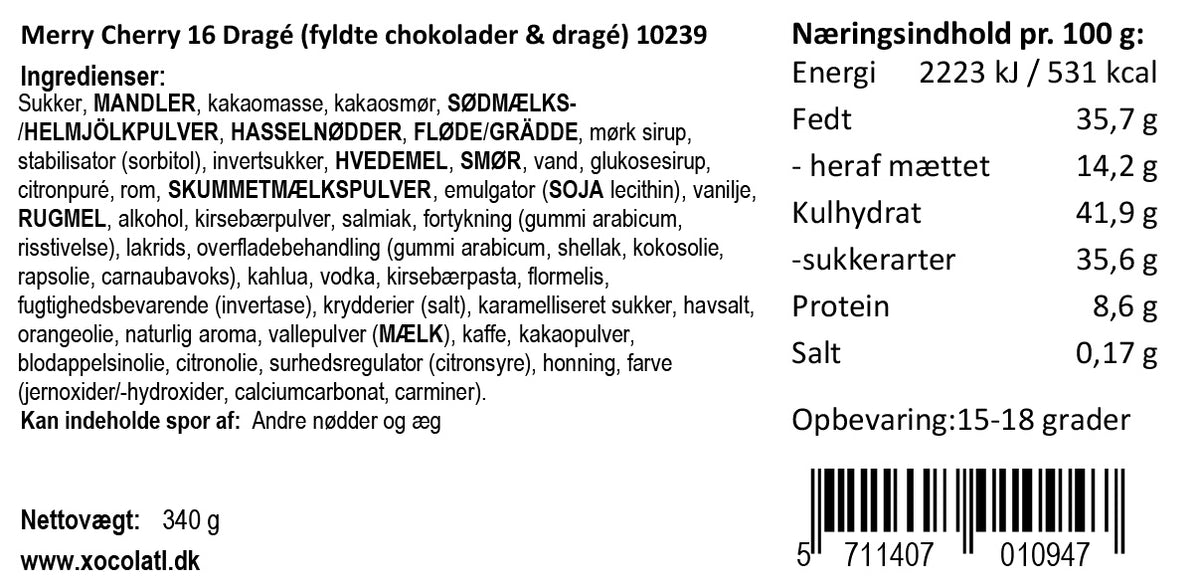 Varedeklaration for Merry Cherry 16 Dragé fra Xocolatl – ingredienser og næringsindhold