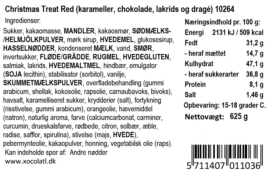 Varedeklaration for Christmas Treat Red fra Xocolatl – ingredienser og næringsindhold
