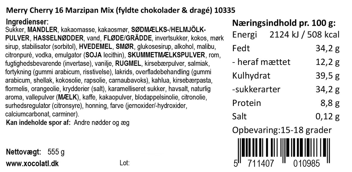 Varedeklaration for Merry Cherry 16 Marzipan Mix fra Xocolatl – ingredienser og næringsindhold