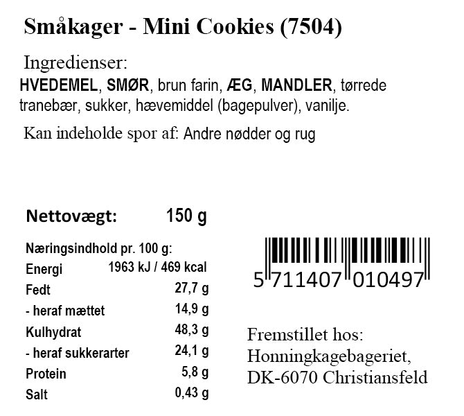 Varedeklaration for Mini Cookies fra Xocolatl – ingredienser og næringsindhold