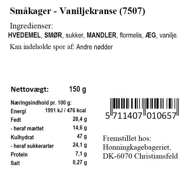 Varedeklaration for Vaniljekranse fra Xocolatl – ingredienser og næringsindhold