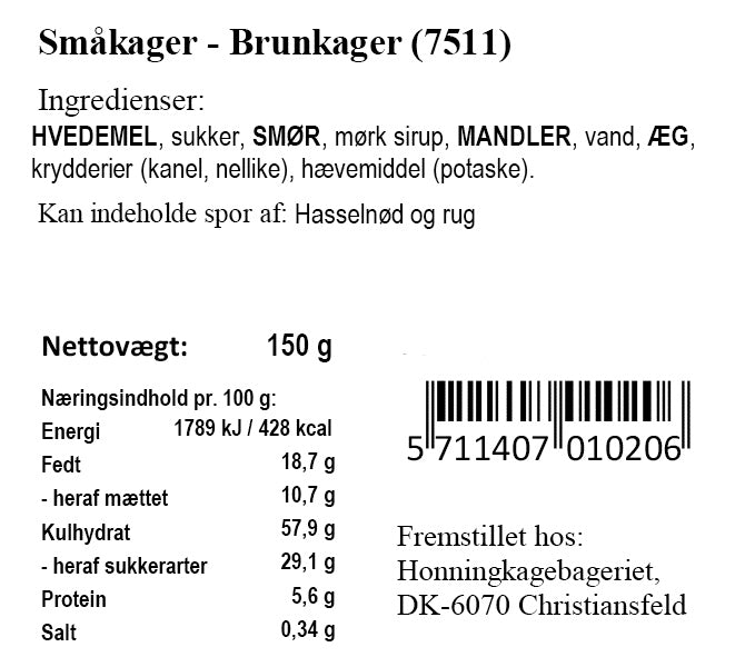Varedeklaration for Brunkager fra Xocolatl – ingredienser og næringsindhold