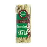 Bornholmsk gourmetpasta med ramsløg fra Pastariget, pakket i en klar pose med grøn etiket.